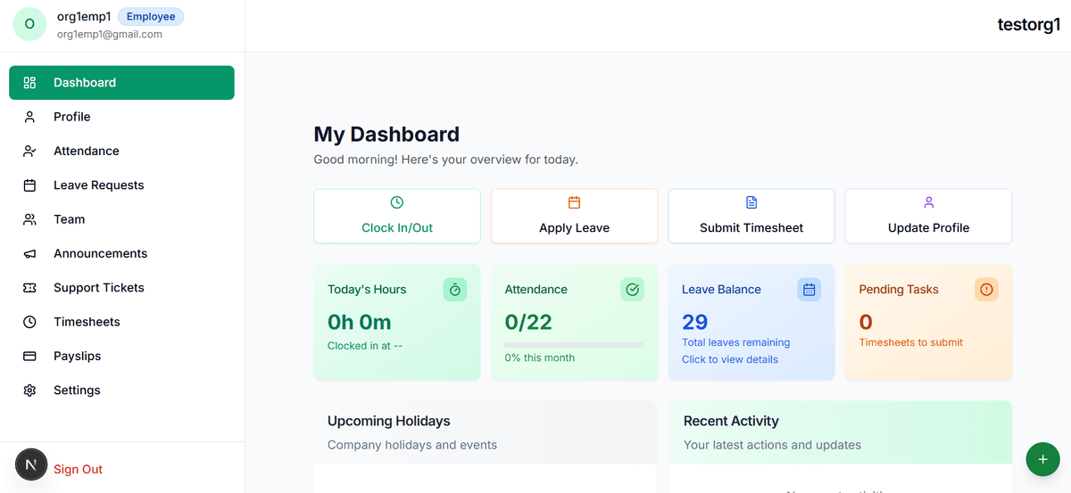 ossoHR employee dashboard with clock in/out, leave balance, attendance, and pending tasks