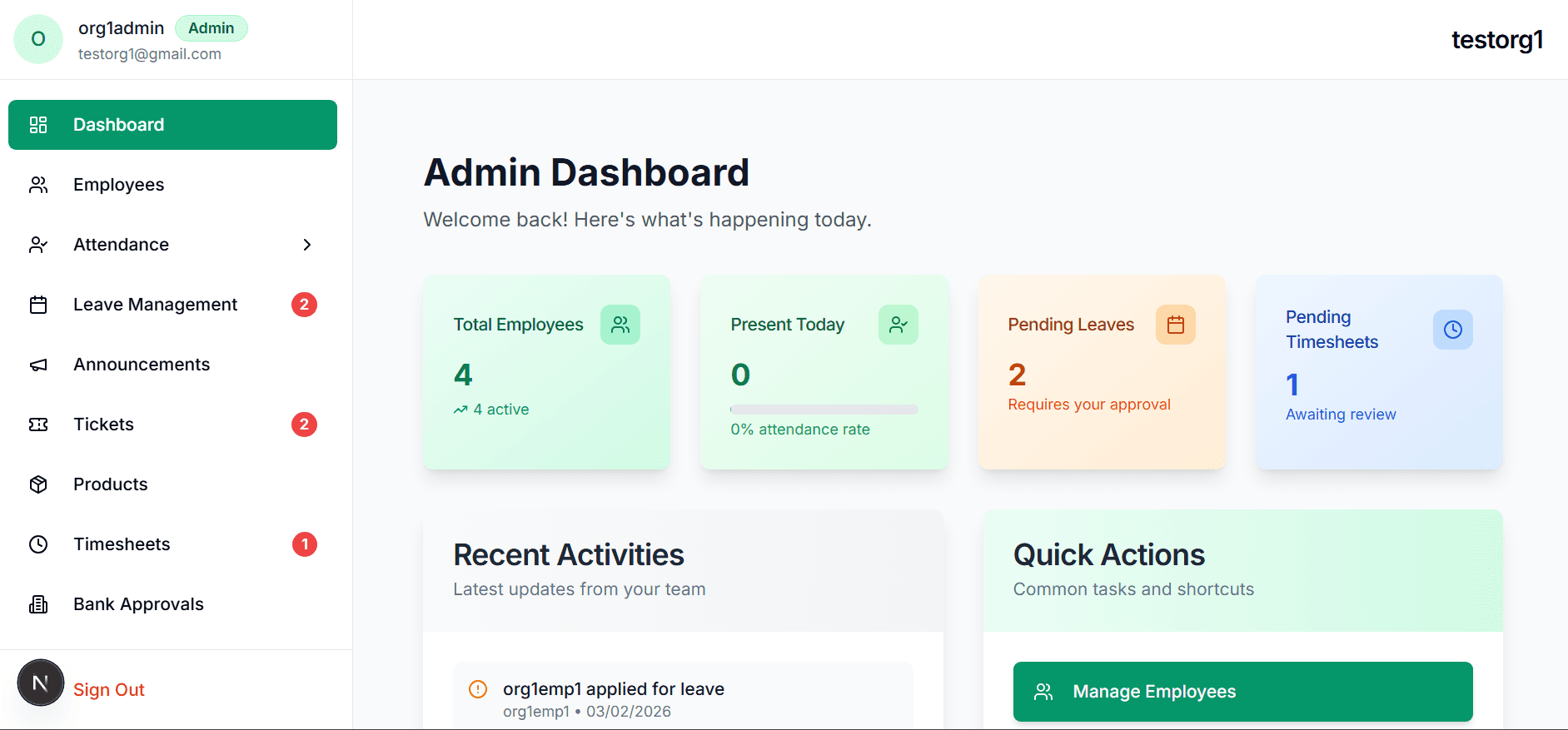 ossoHR admin dashboard showing total employees, attendance, pending leaves and pending timesheets