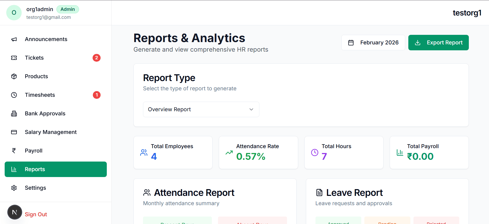 ossoHR Reports screen